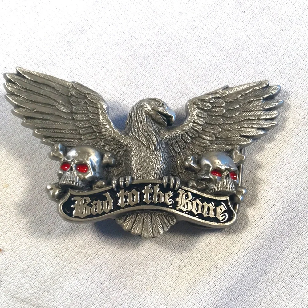Vintage 1991 Biker Gothic Silver-toned Metal “Bad to the Bone” Belt Buckle